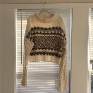 Free People Cozy Cream and Brown Patterned Sweater